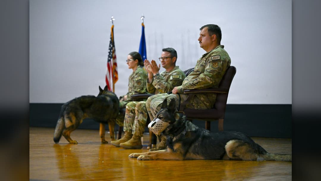 Military Working Dog Howard honored during his retirement ceremony at Joint Base Andrews.